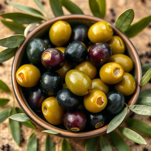 Aceitunas verdes y negras en un cuenco con hojas de olivo