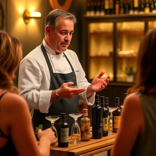 Chef explicando diferentes tipos de aceite de oliva durante una degustaci&oacute;n