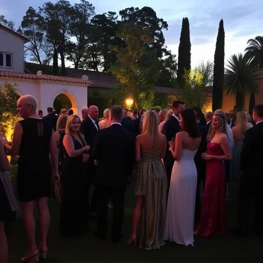 Escena de un evento social exclusivo con personas vestidas elegantemente en un jard&iacute;n espa&ntilde;ol