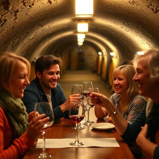 Familia riendo mientras prueba vinos en una bodega subterr&aacute;nea