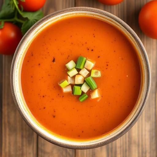 Gazpacho andaluz servido en un cuenco con guarnici&oacute;n de verduras picadas