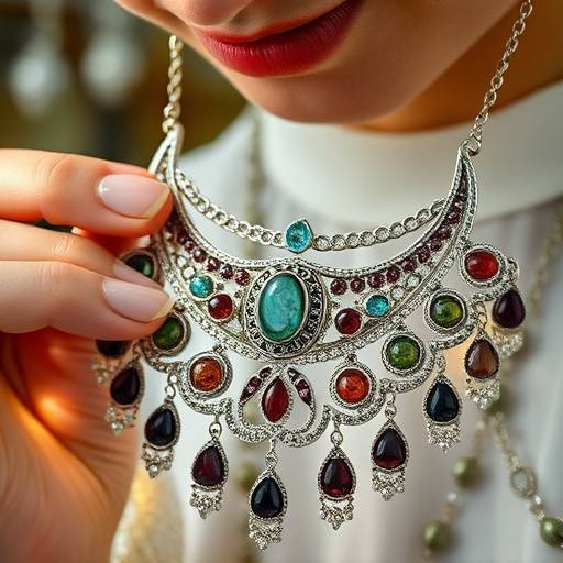 Joyero examinando un collar de plata intrincadamente dise&ntilde;ado con piedras semipreciosas