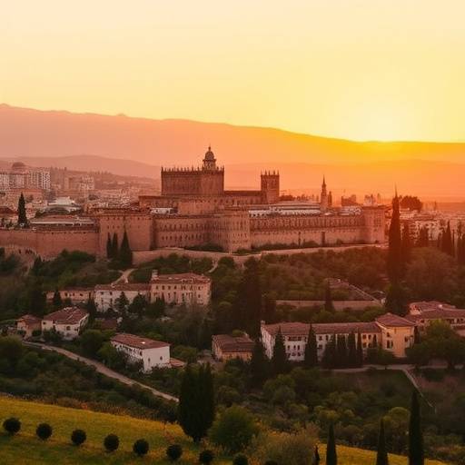Paisaje de la Alhambra en Granada al atardecer, simbolizando el encanto andaluz.