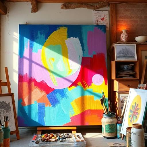 Pintor trabajando en un lienzo de gran formato con colores vibrantes inspirados en la luz espa&ntilde;ola