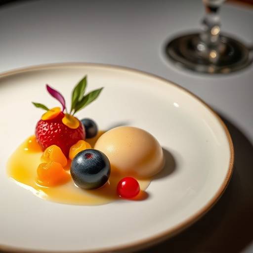Plato de alta cocina con espuma de foie gras y esferas de fruta ex&oacute;tica