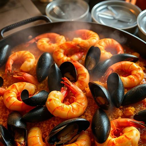 Plato de paella valenciana humeante con gambas y mejillones