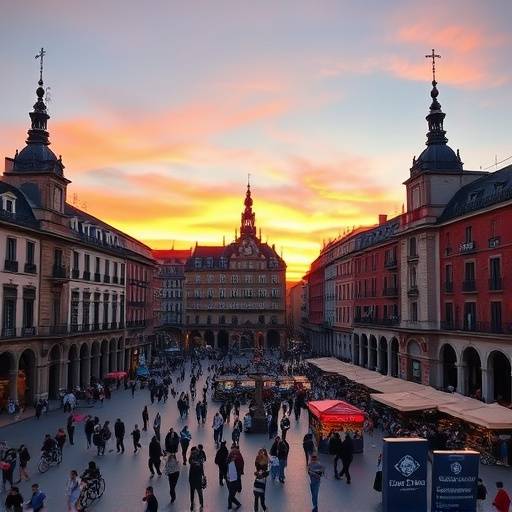 Plaza Mayor de Madrid al atardecer, con sus edificios hist&oacute;ricos y ambiente animado