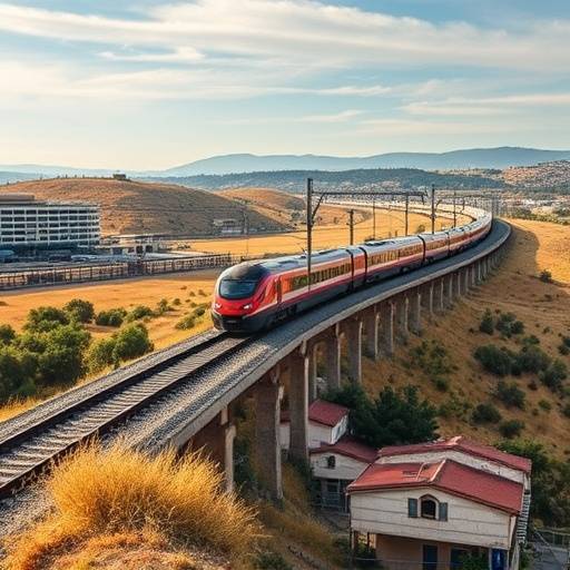 Tren de alta velocidad atravesando el paisaje espa&ntilde;ol, simbolizando un viaje extenso y bien planificado.