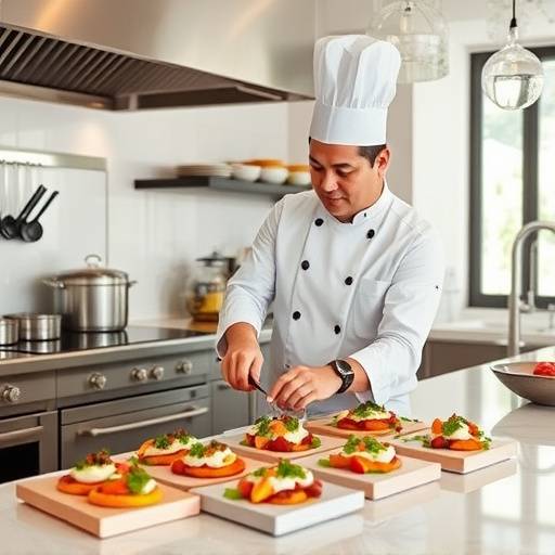 Un chef preparando tapas gourmet en una cocina moderna y elegante